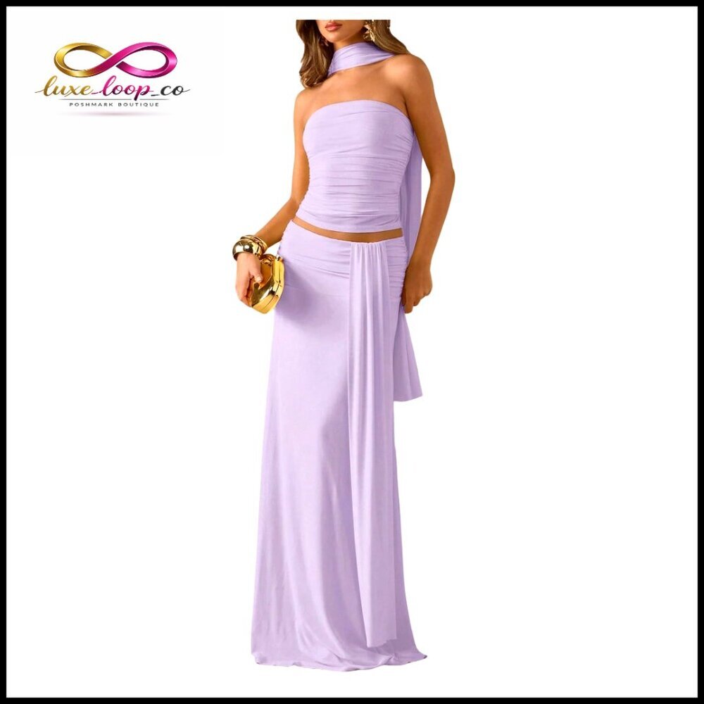 Large Polyester Strapless Tube Top Maxi Skirt Set Formal Wedding Guest Outfit